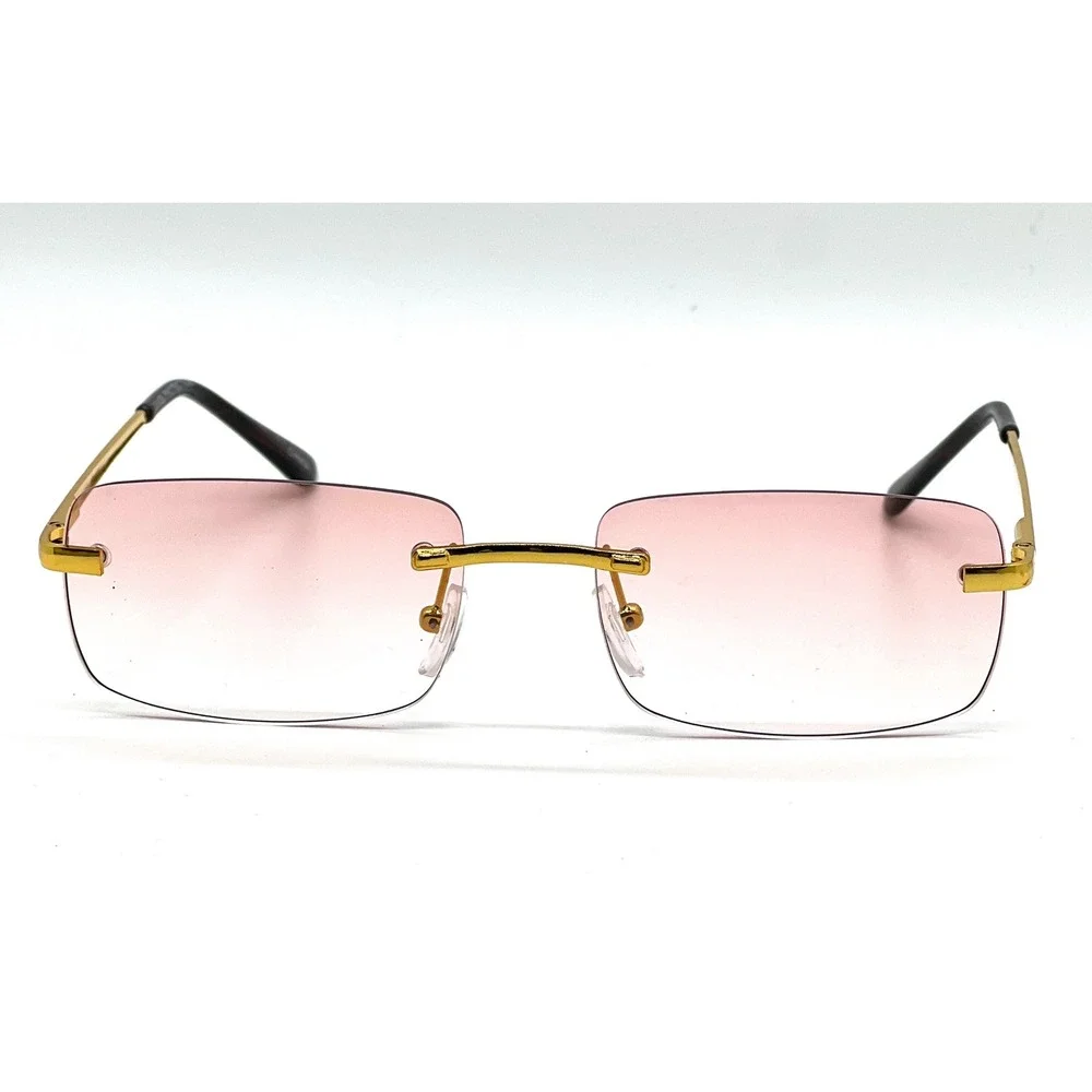 Rimless Gradient Pink Lens Sunglasses Gold Frame Men's Fashion Eyewear Hip‎ Hop